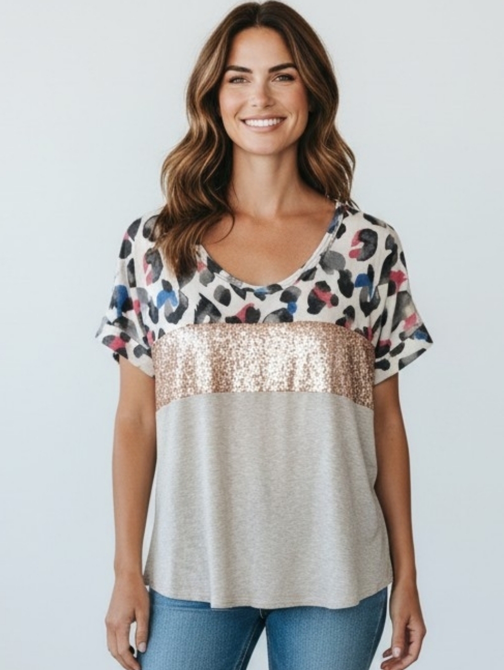 Heimish USA Leopard Sequin Colorblock Mixed Media Short Sleeve Top Small Taupe
